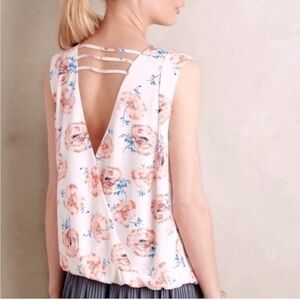 [Anthro] Meadow Rue Crepe Floral Pleated Open Back Elastic Hem Top